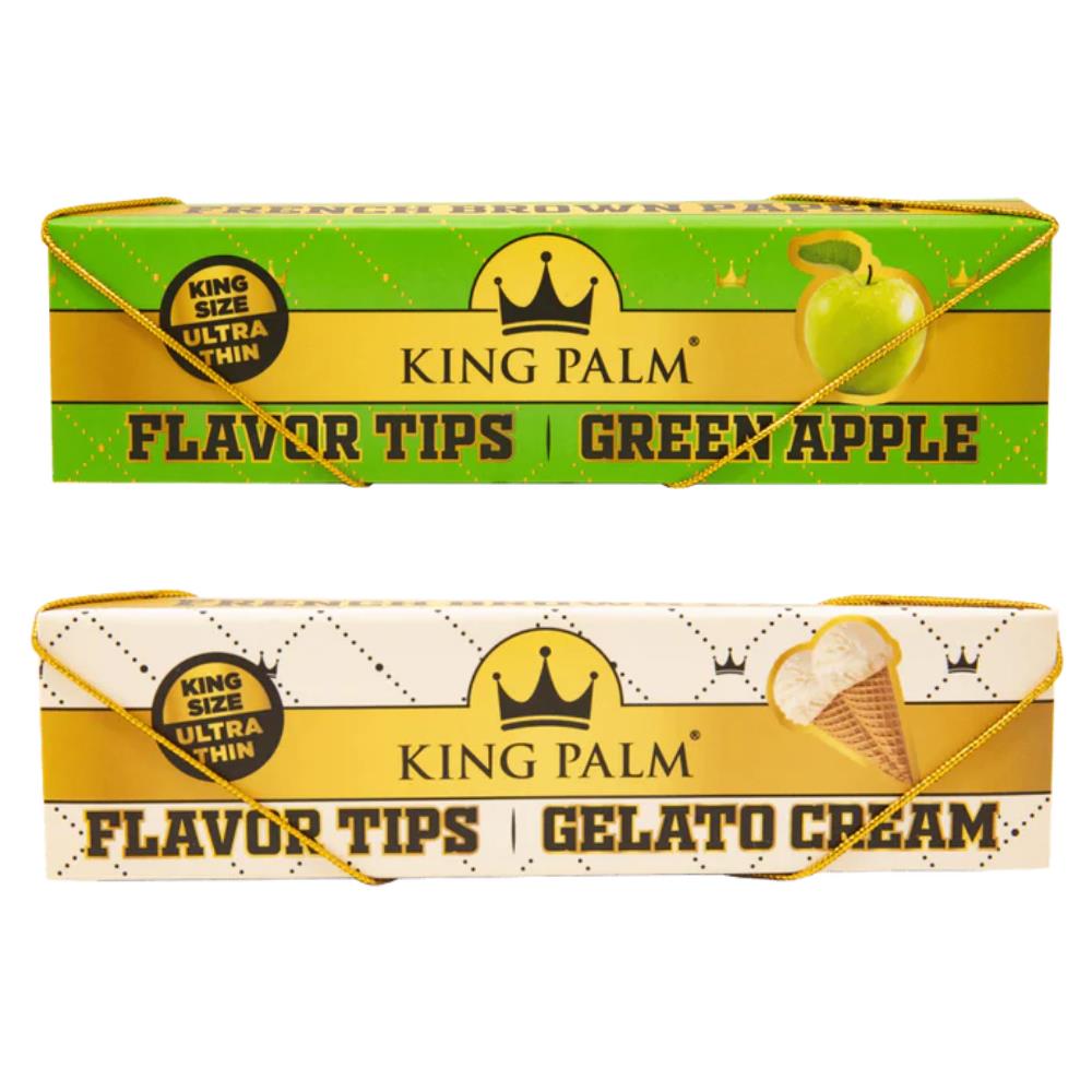 King Palm Papers & Flavor Tips King Size Ultra Thin – zwei Booklets übereinander: oben Green Apple in Grün-Gold mit grüner Apfelillustration, unten Gelato Cream in Weiß-Gold mit Eistüten-Illustration, beide mit goldenem Zugband, French Brown Paper