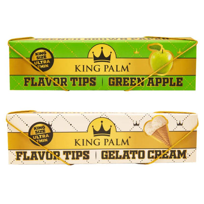 King Palm Papers & Flavor Tips King Size Ultra Thin – zwei Booklets übereinander: oben Green Apple in Grün-Gold mit grüner Apfelillustration, unten Gelato Cream in Weiß-Gold mit Eistüten-Illustration, beide mit goldenem Zugband, French Brown Paper