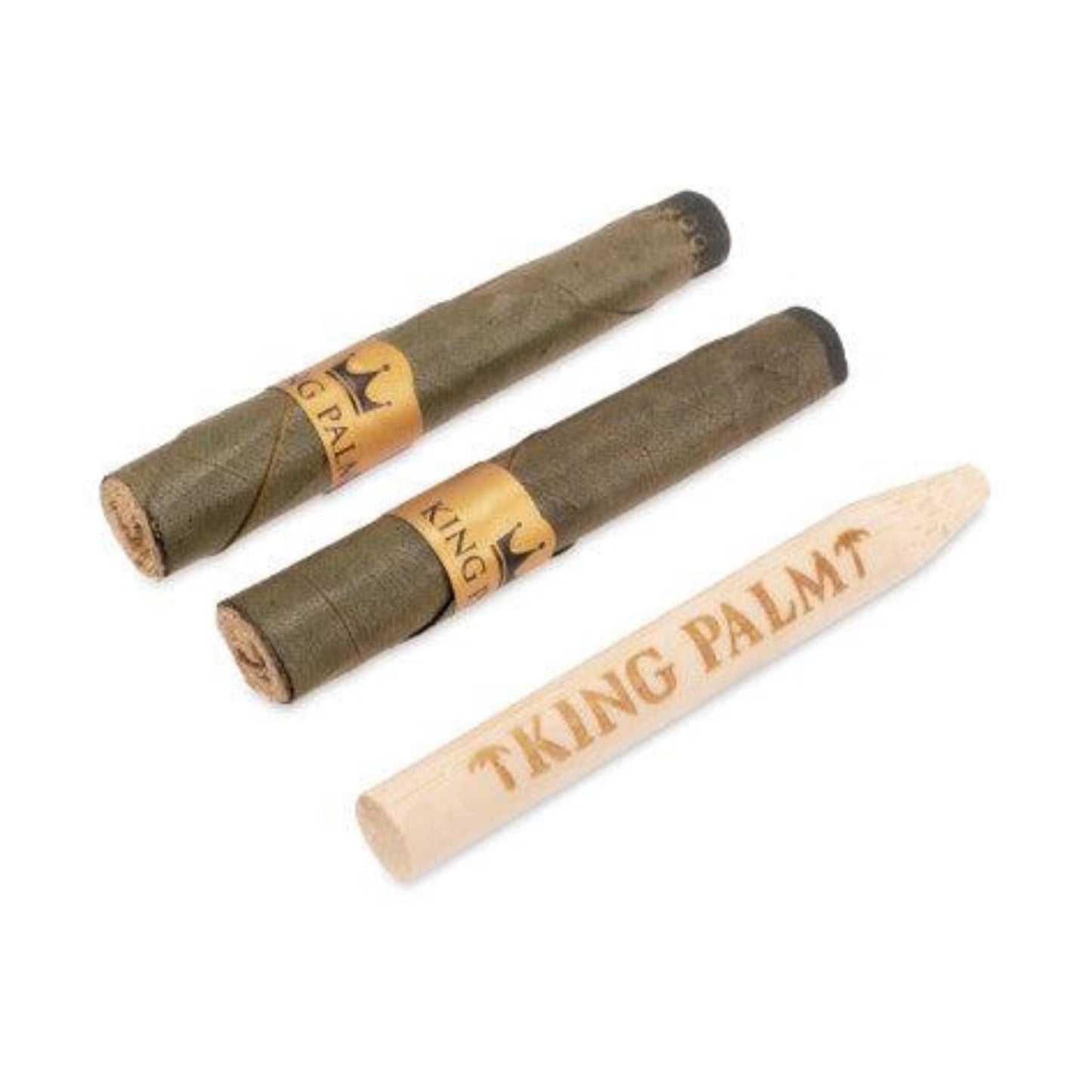 King Palm Rollies – zwei natürliche Blattröhrchen mit goldfarbener Banderole und King Palm Holzstopfer