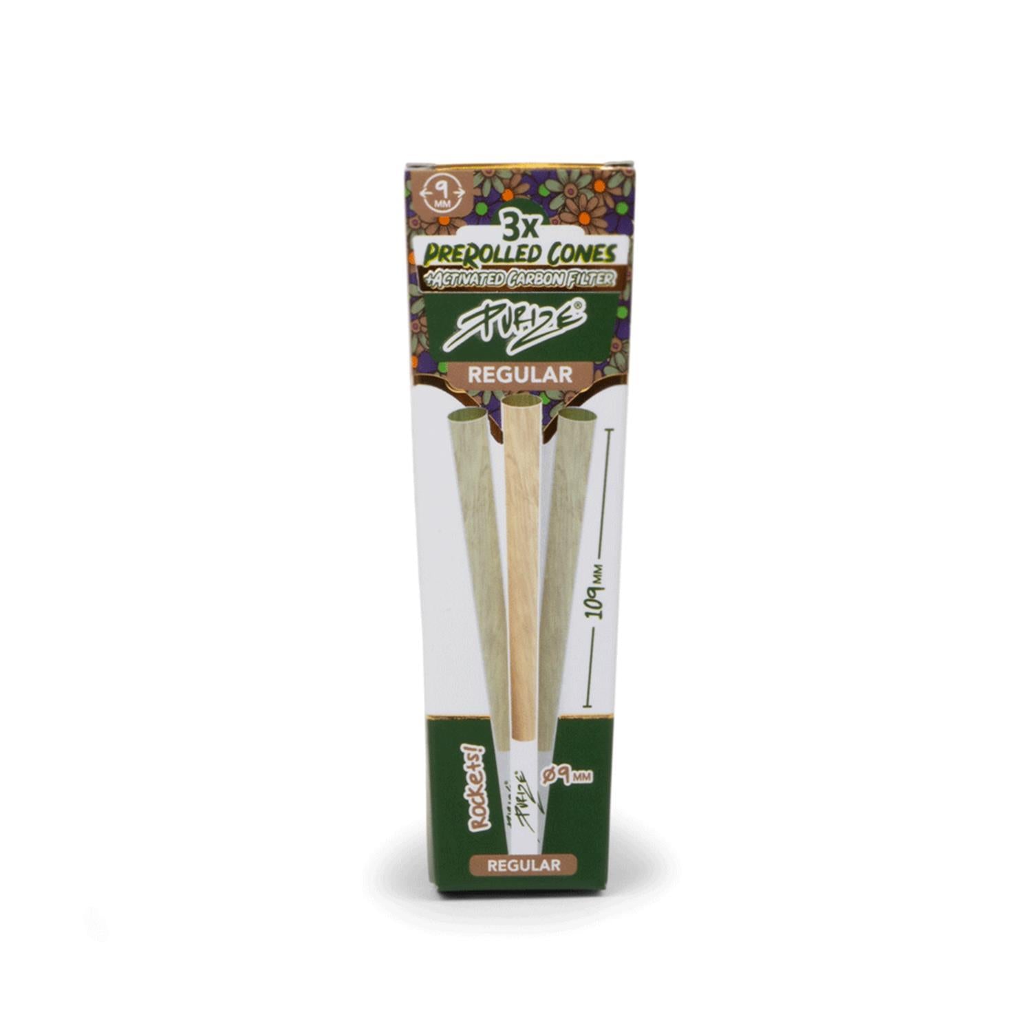 PURIZE 3x Prerolled Cones Regular mit 9 mm Aktivkohlefilter, Verpackung mit Sichtfenster, 109 mm Länge, Blumen-Design und PURIZE Logo