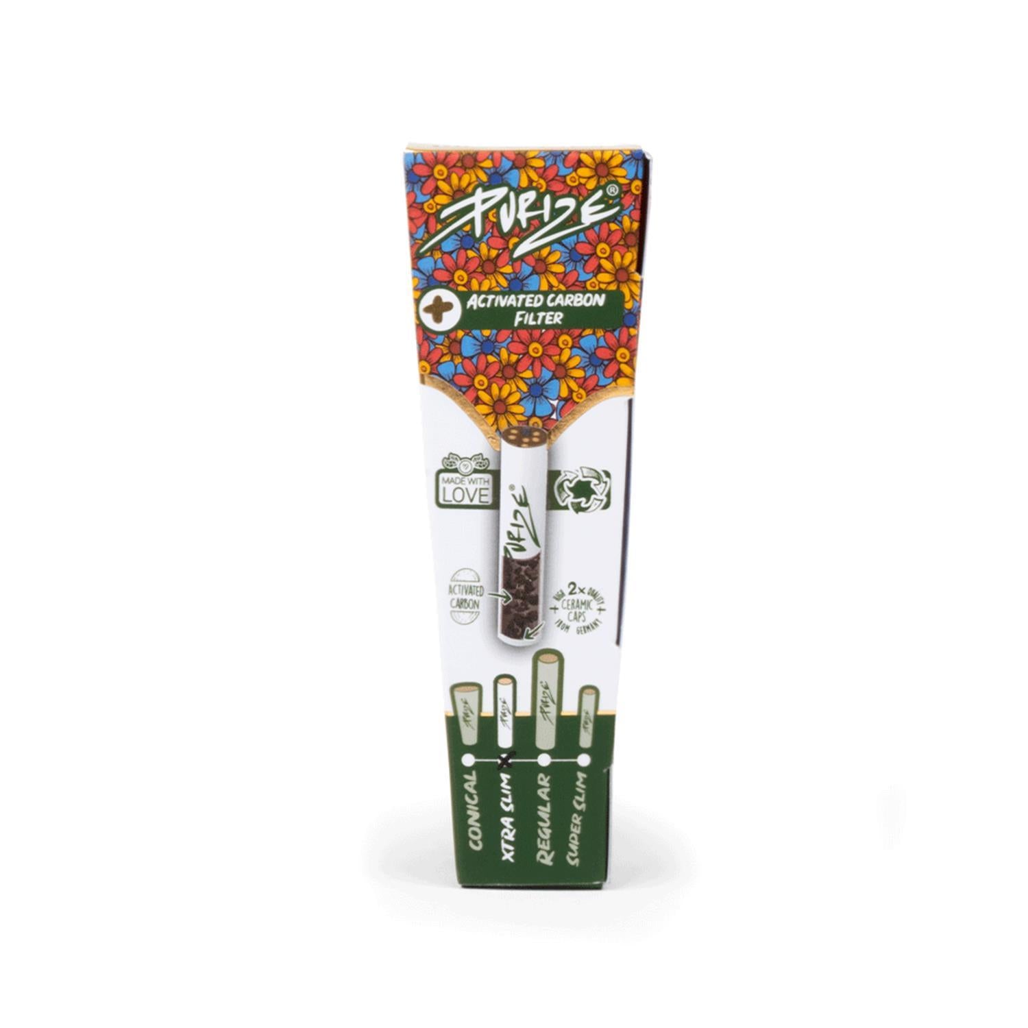 PURIZE 3x Prerolled Cones Xtra Slim mit Aktivkohlefilter, Verpackung mit Blumen-Design, Sichtfenster, Made with Love und PURIZE Logo