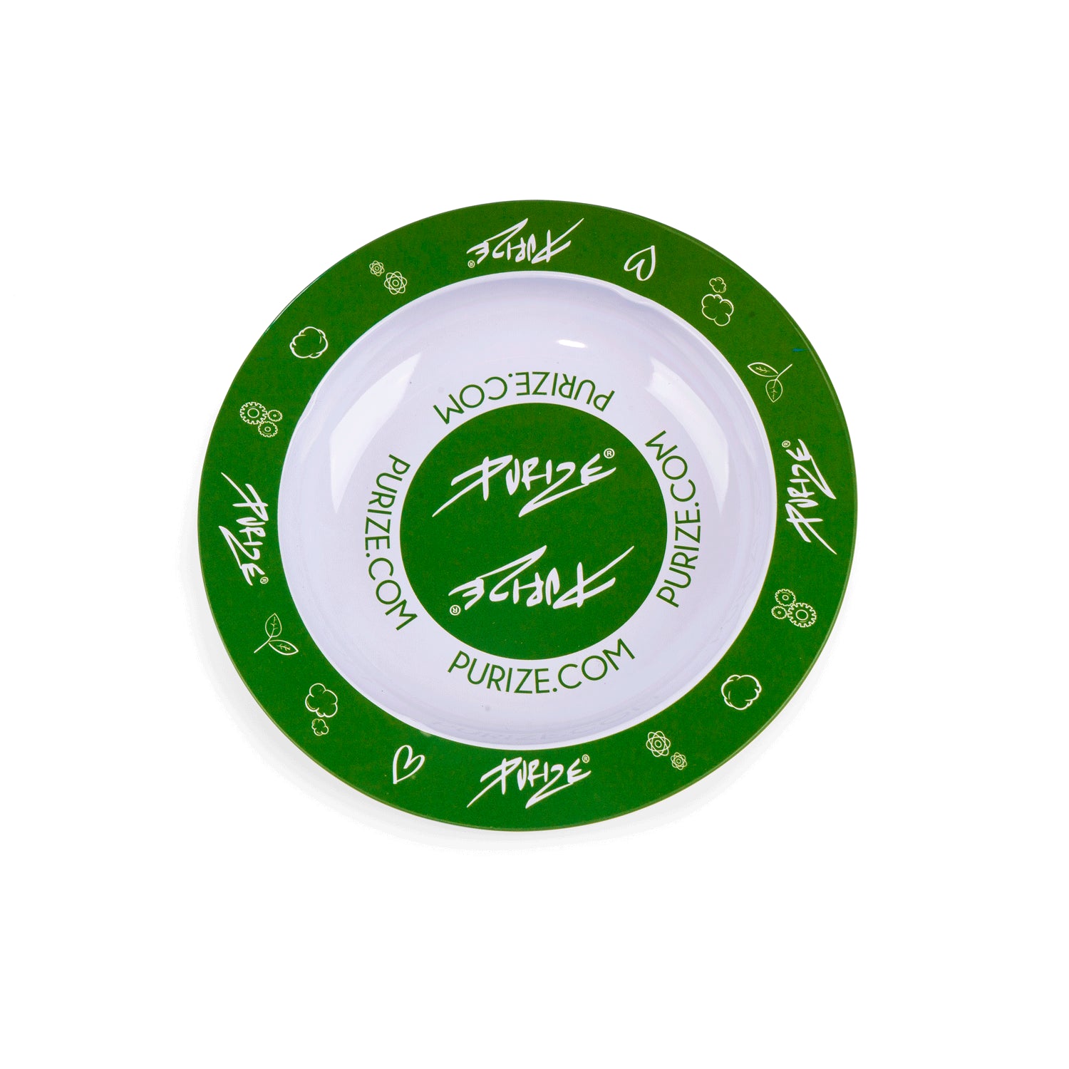 PURIZE Aschenbecher in Grün-Weiß aus Metall, rund, mit PURIZE Logo, Doodle-Symbolen und purize.com Schriftzug