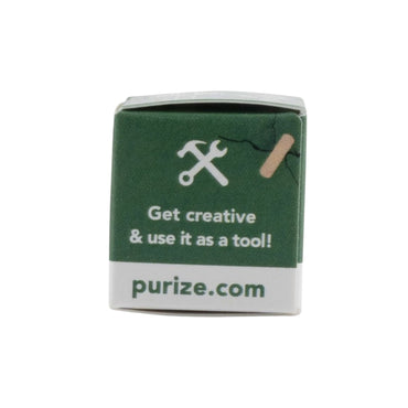 PURIZE First Aid Kit in Grün-Weiß, Seitenansicht der Verpackung mit Werkzeug-Symbol, Spruch Get creative use it as a tool und purize.com