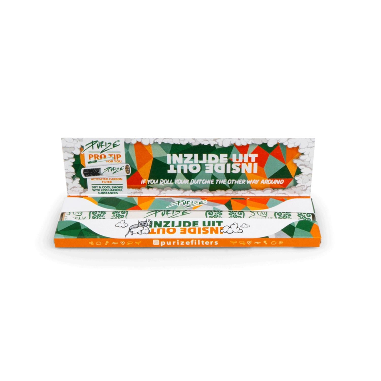 PURIZE Inside Out X-tra Wide Papers, geöffnetes Heftchen mit sichtbaren Papers, Tips und Pro Tip Filter-Infografik, geometrisches Design