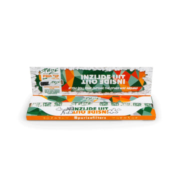 PURIZE Inside Out X-tra Wide Papers, geöffnetes Heftchen mit sichtbaren Papers, Tips und Pro Tip Filter-Infografik, geometrisches Design