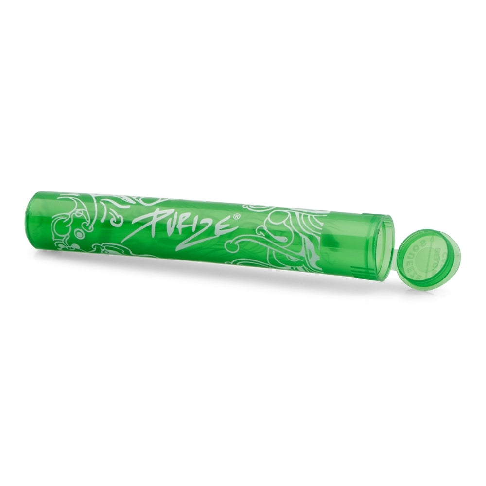 PURIZE Joint-Tube in Grün, liegend mit geöffnetem Pop-Up-Deckel, weißem Doodle-Design und PURIZE Logo