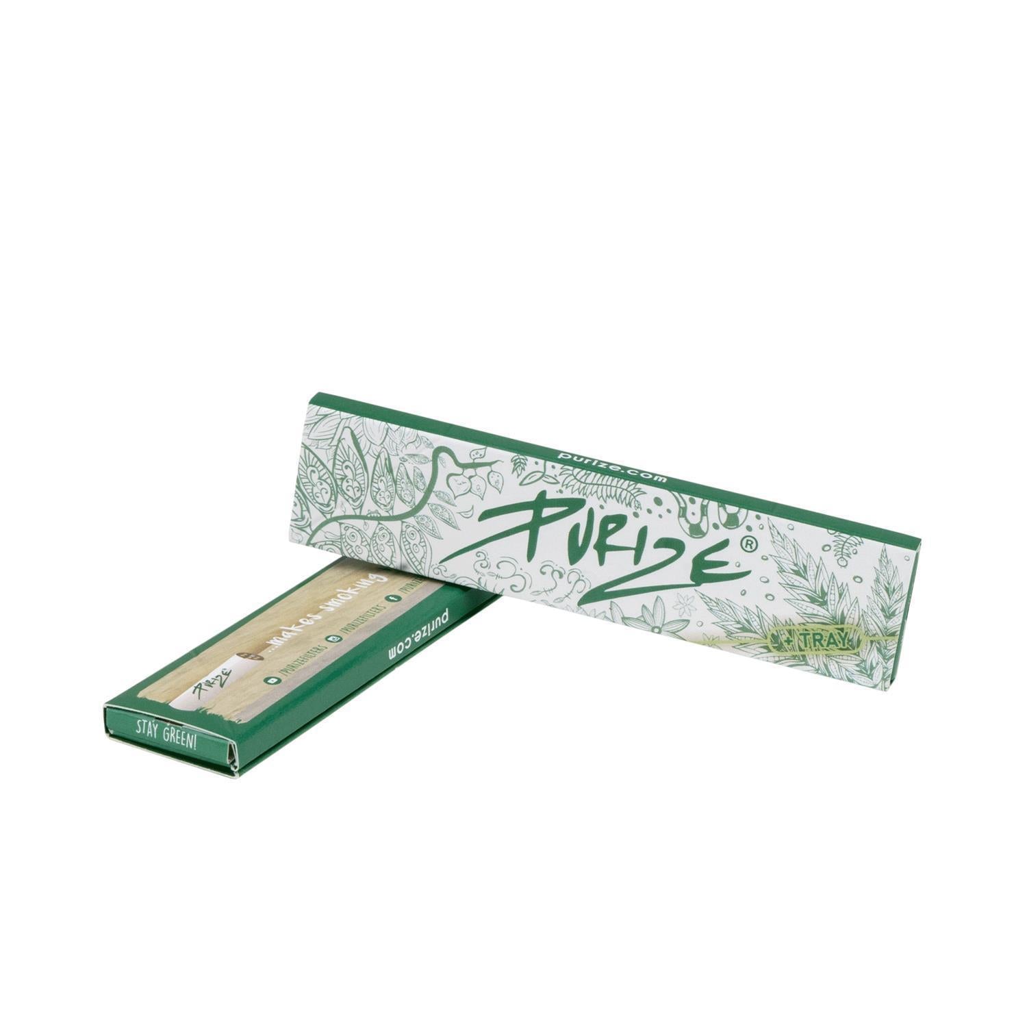 PURIZE King Size Slim Papers mit integriertem Tray in Grün-Weiß, Heftchen mit Doodle-Design, PURIZE Logo und Tray-Funktion