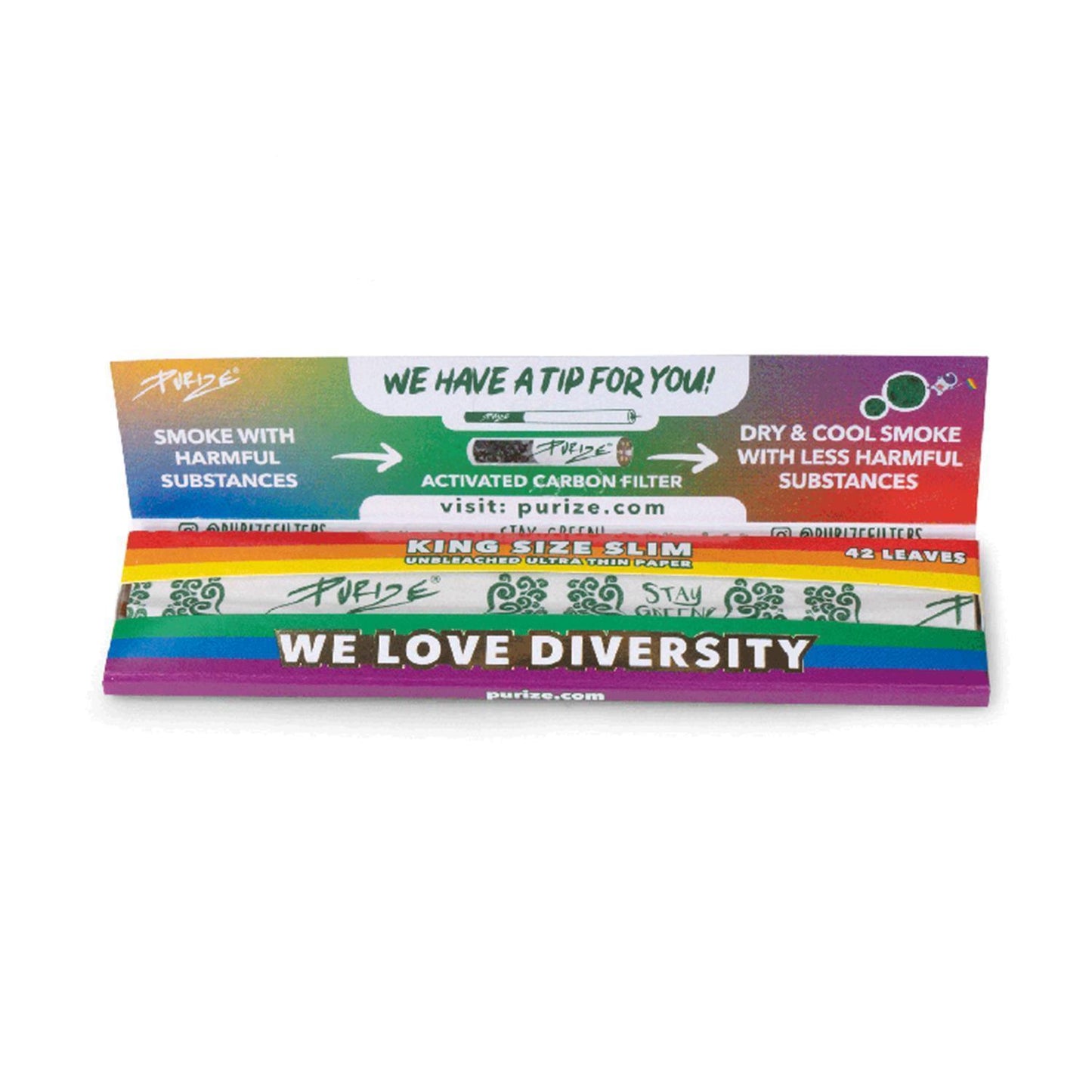 PURIZE King Size Slim Papers im Rainbow-Design, geöffnetes Heftchen mit sichtbaren Papers, Filter-Infografik und We Love Diversity Schriftzug