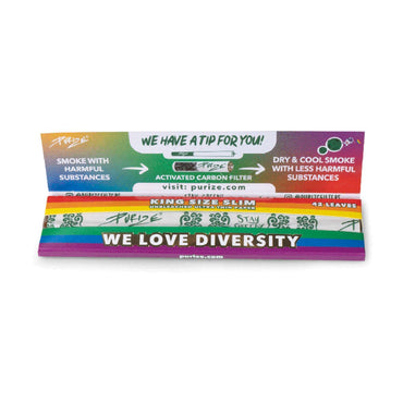 PURIZE King Size Slim Papers im Rainbow-Design, geöffnetes Heftchen mit sichtbaren Papers, Filter-Infografik und We Love Diversity Schriftzug