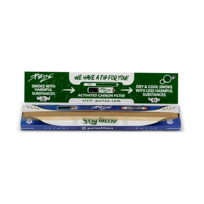 PURIZE King Size Ultra Slim Papers, geöffnetes Heftchen mit sichtbaren Papers, Filter-Infografik, Ultra Slim Hinweis und Stay Green Schriftzug