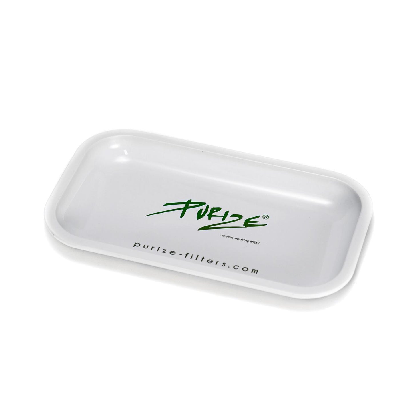 PURIZE Rolling Tray in Weiß, Metall-Rolltablett mit grünem PURIZE Logo und Schriftzug makes smoking NIZE und purize-filters.com