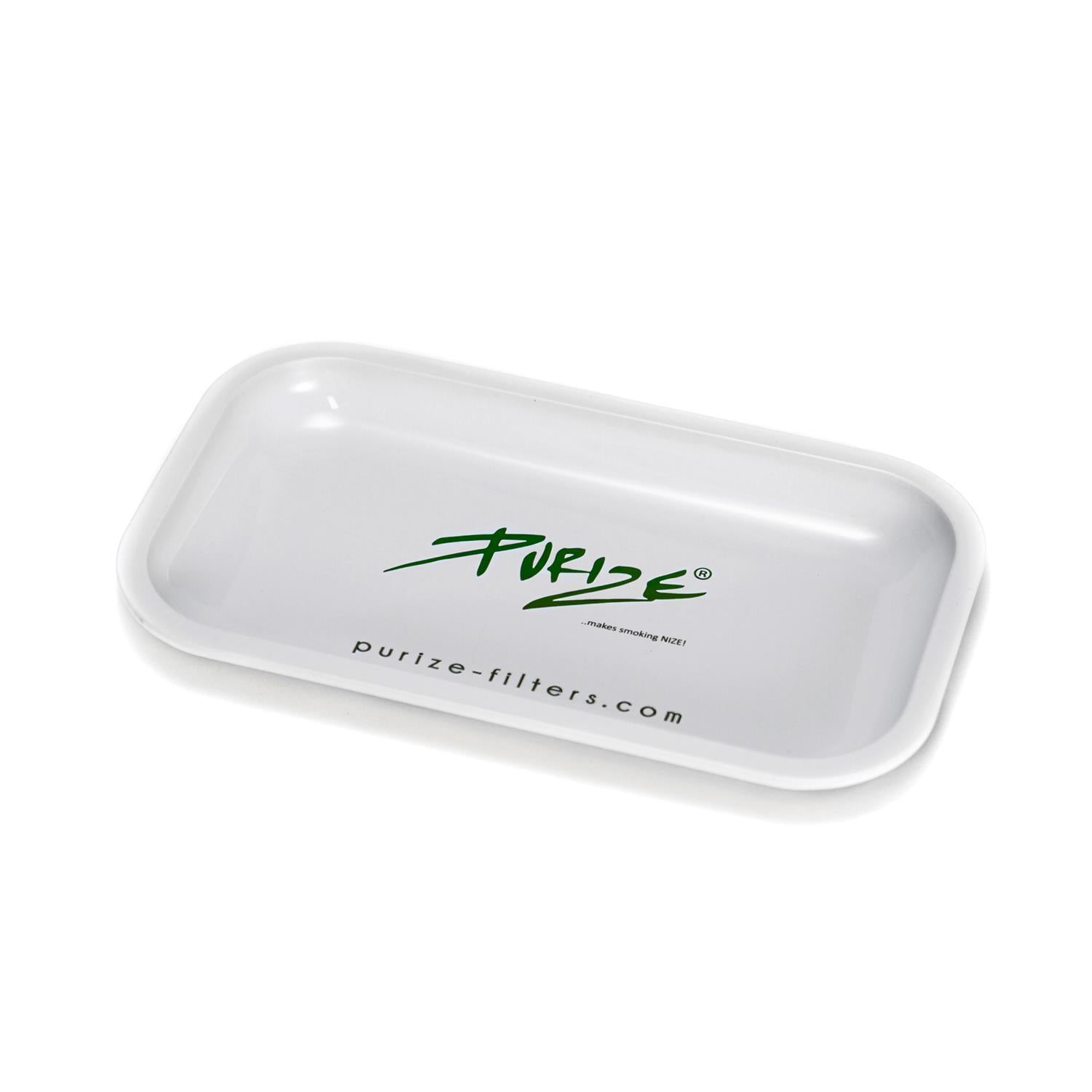 PURIZE Rolling Tray in Weiß, Metall-Rolltablett mit grünem PURIZE Logo und Schriftzug makes smoking NIZE und purize-filters.com