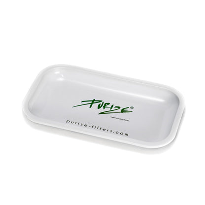 PURIZE Rolling Tray in Weiß, Metall-Rolltablett mit grünem PURIZE Logo und Schriftzug makes smoking NIZE und purize-filters.com