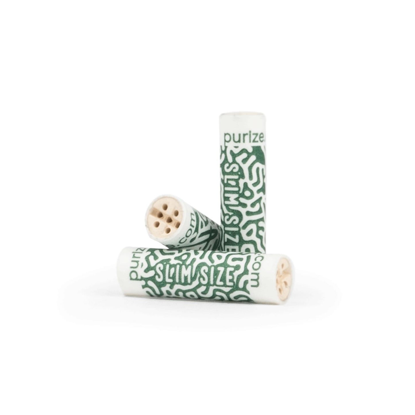 Drei PURIZE Slim Size Aktivkohlefilter mit grün-weißem purize.com Doodle-Design, 7 mm Durchmesser, sichtbare Mehrloch-Keramikkappe für sauberes Ziehen