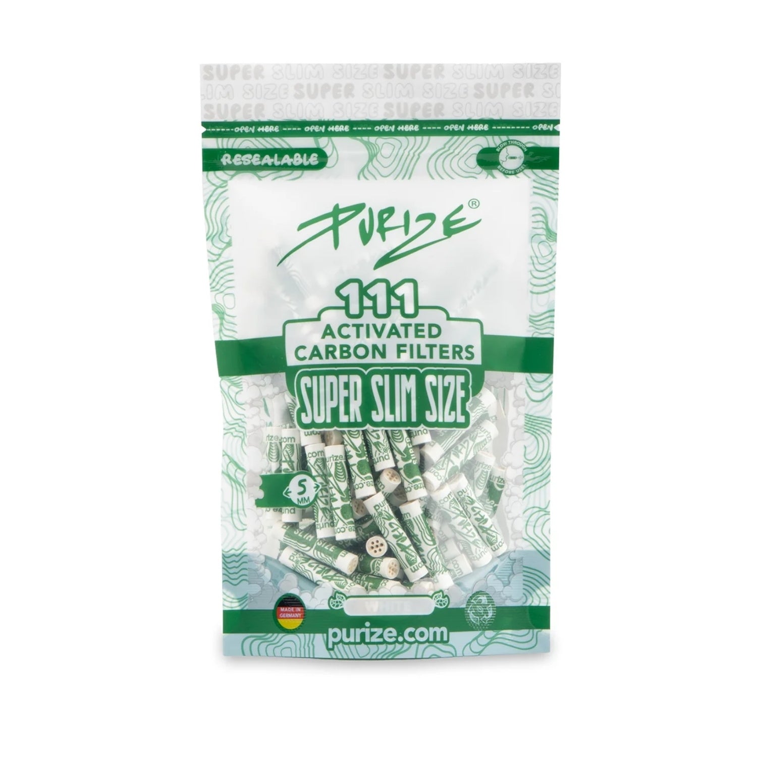 PURIZE Super Slim Size Verpackung mit 111 Activated Carbon Filters, 5 mm, wiederverschließbar, Made in Germany, White, gefüllt mit grün-weißen Aktivkohlefiltern