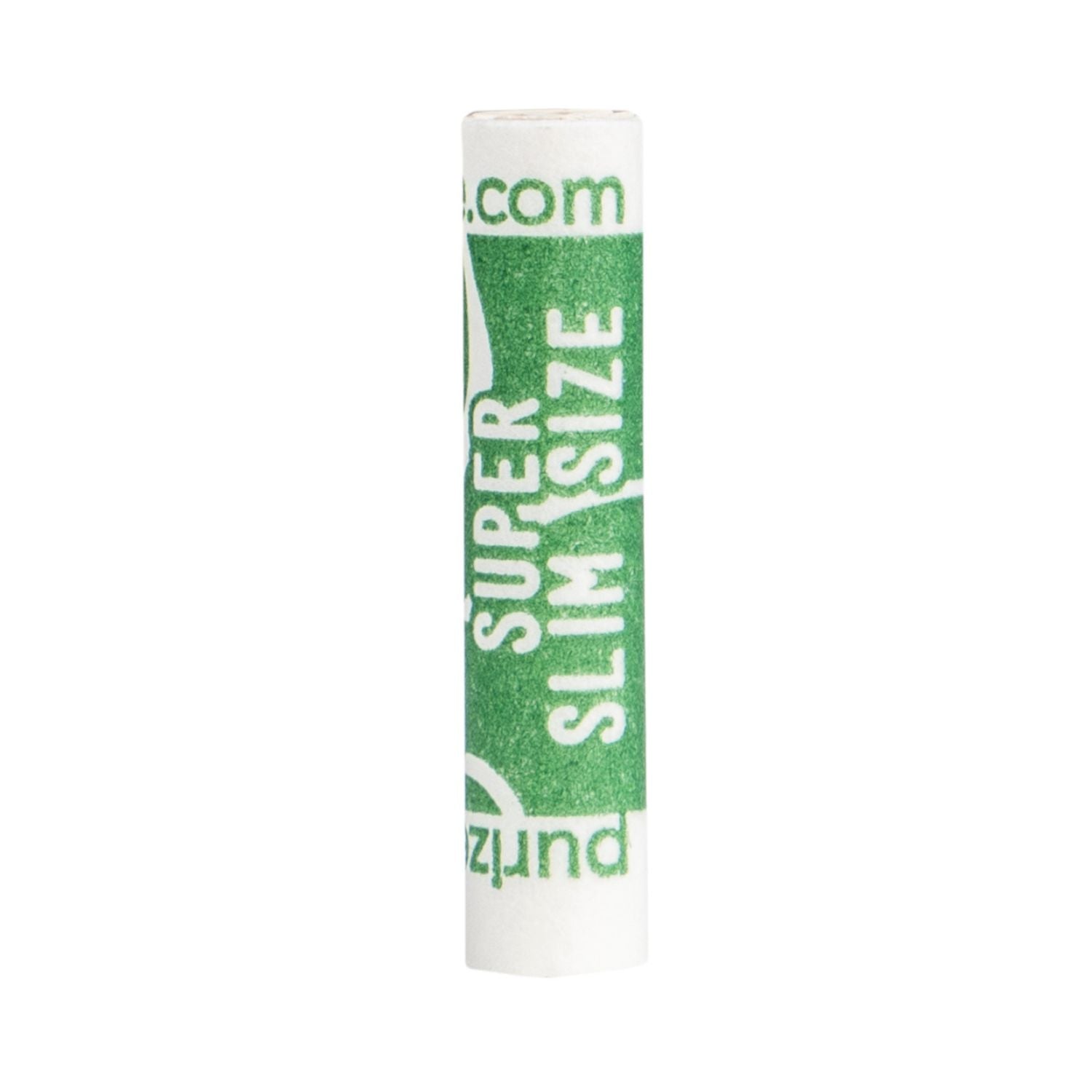 PURIZE Super Slim Size Aktivkohlefilter einzeln stehend, 5 mm Durchmesser, grün-weißes purize.com Branding, hochkant mit sichtbarer Filterstruktur oben