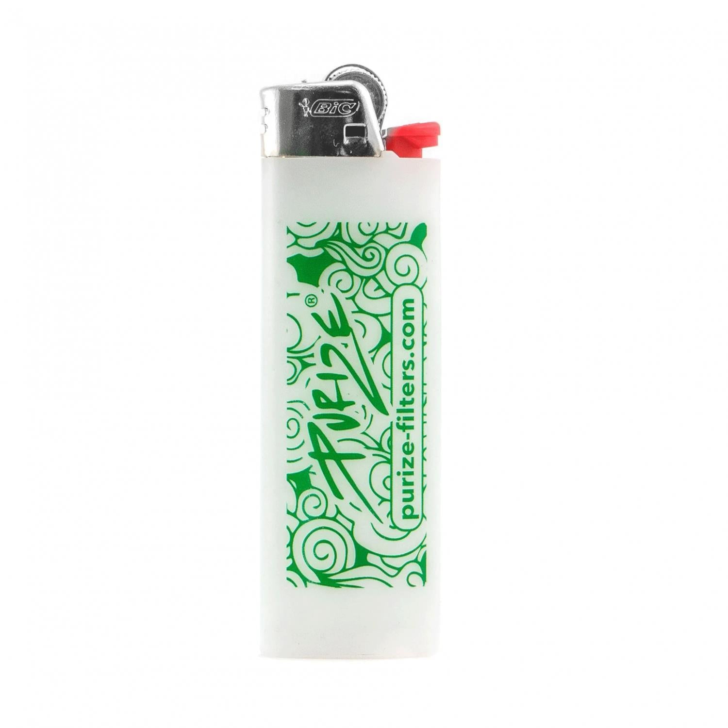PURIZE x BIC Feuerzeug in Weiß mit grünem Doodle-Design, PURIZE Logo und purize-filters.com, Standardgröße