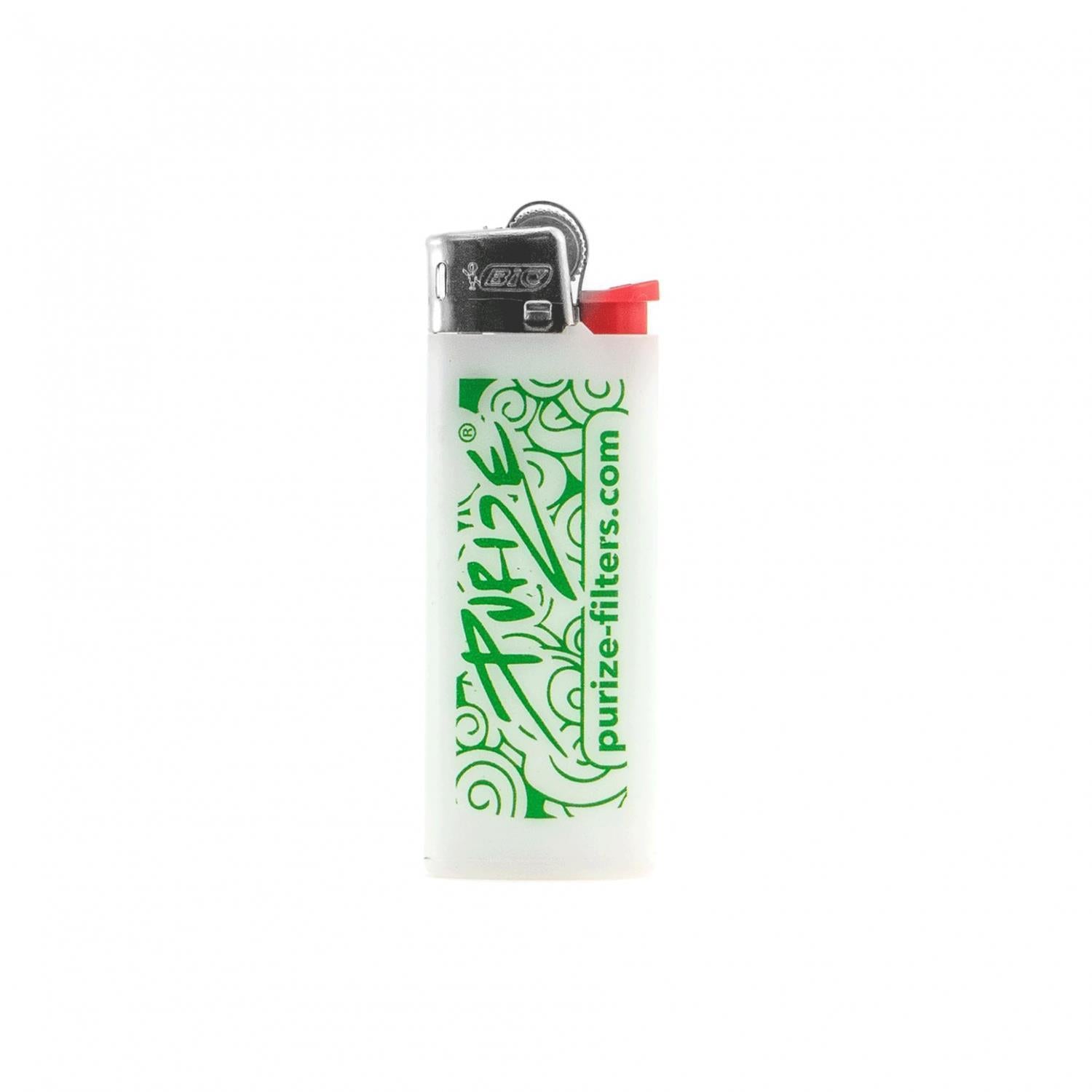 PURIZE x BIC Mini Feuerzeug in Weiß mit grünem Doodle-Design, PURIZE Logo und purize-filters.com