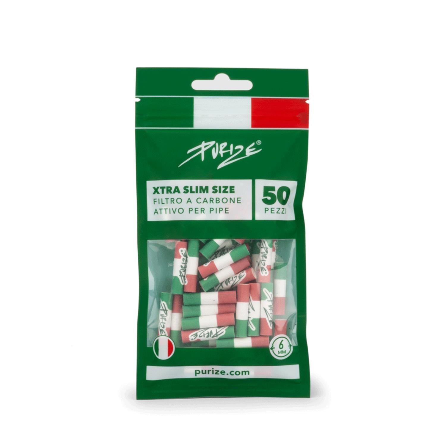 PURIZE Xtra Slim Size Verpackung Italy Edition mit 50 Filtro a Carbone Attivo per Pipe, 6 mm, Italien-Flagge, gefüllt mit Aktivkohlefiltern im Grün-Weiß-Rot Tricolore Design