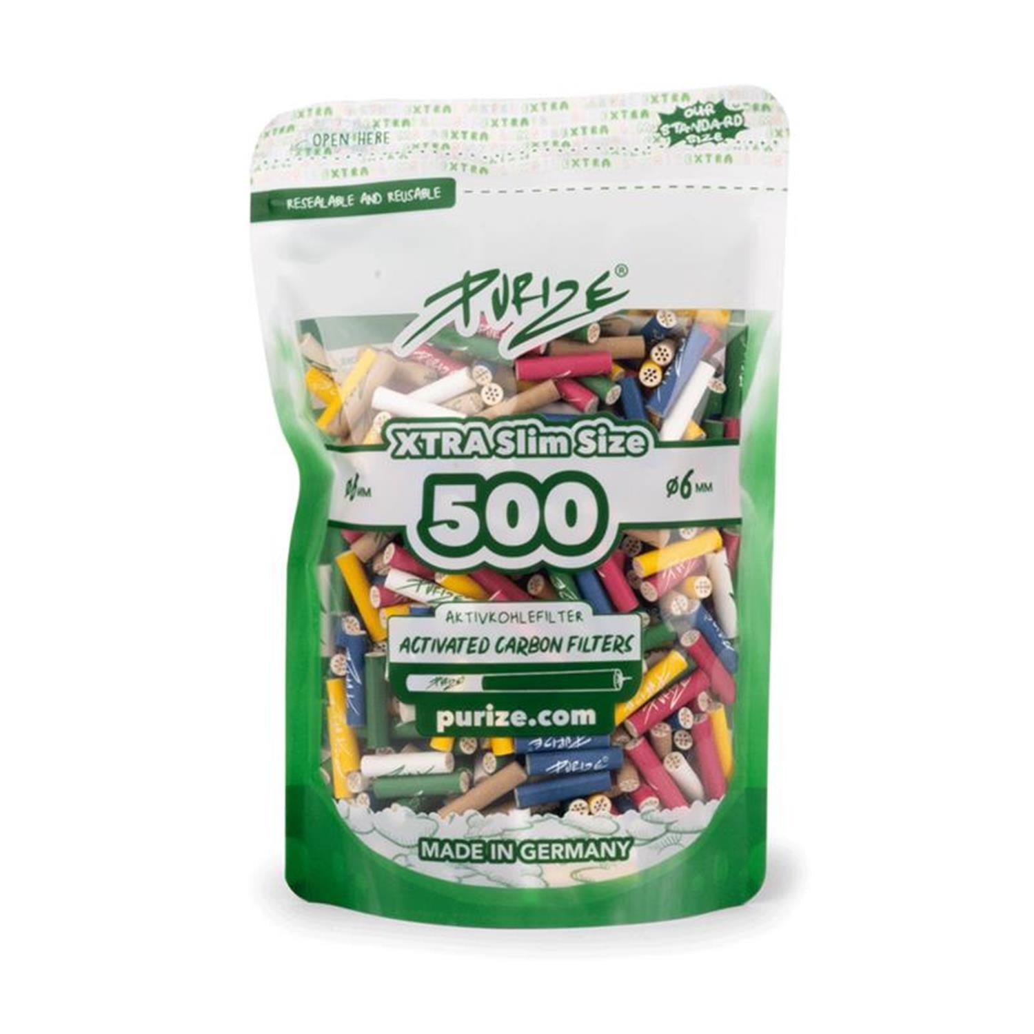 PURIZE Xtra Slim Size 500 Großpackung mit bunten Aktivkohlefiltern, 6 mm, wiederverschließbarer Beutel mit Farbmix, Made in Germany, Activated Carbon Filters