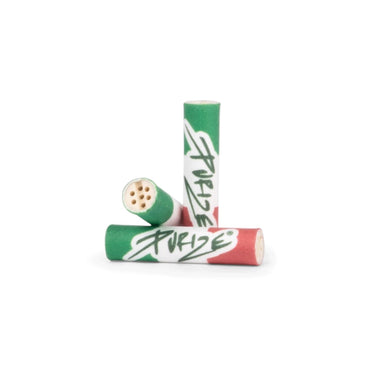 Drei PURIZE Xtra Slim Size Aktivkohlefilter Italy Edition im grün-weiß-roten Tricolore Design, 6 mm, sichtbare Mehrloch-Keramikkappe, PURIZE Schriftzug