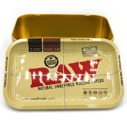 RAW Munchies Box goldene Metalldose geöffnet, Deckel als Rolling Tray, Natural Unrefined Rolling Papers, Classic Organic Hemp