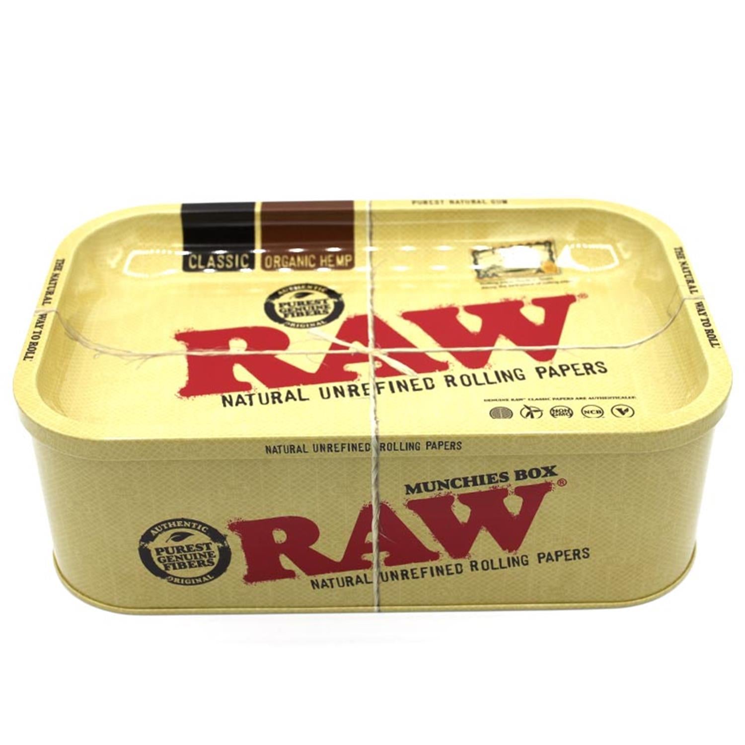 RAW Munchies Box goldene Metalldose geschlossen, Seitenansicht, Natural Unrefined Rolling Papers, Classic Organic Hemp, Purest Genuine Fibers