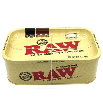 RAW Munchies Box goldene Metalldose geschlossen, Seitenansicht, Natural Unrefined Rolling Papers, Classic Organic Hemp, Purest Genuine Fibers