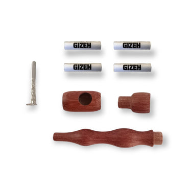 Wapi Amaranth Pipe Set zerlegt: Holzgriff, Pfeifenkopf und Verbindungsstück aus Amaranthholz, Metallreinigungsstift, vier Gizeh-Aktivkohlefilter, weißer Hintergrund