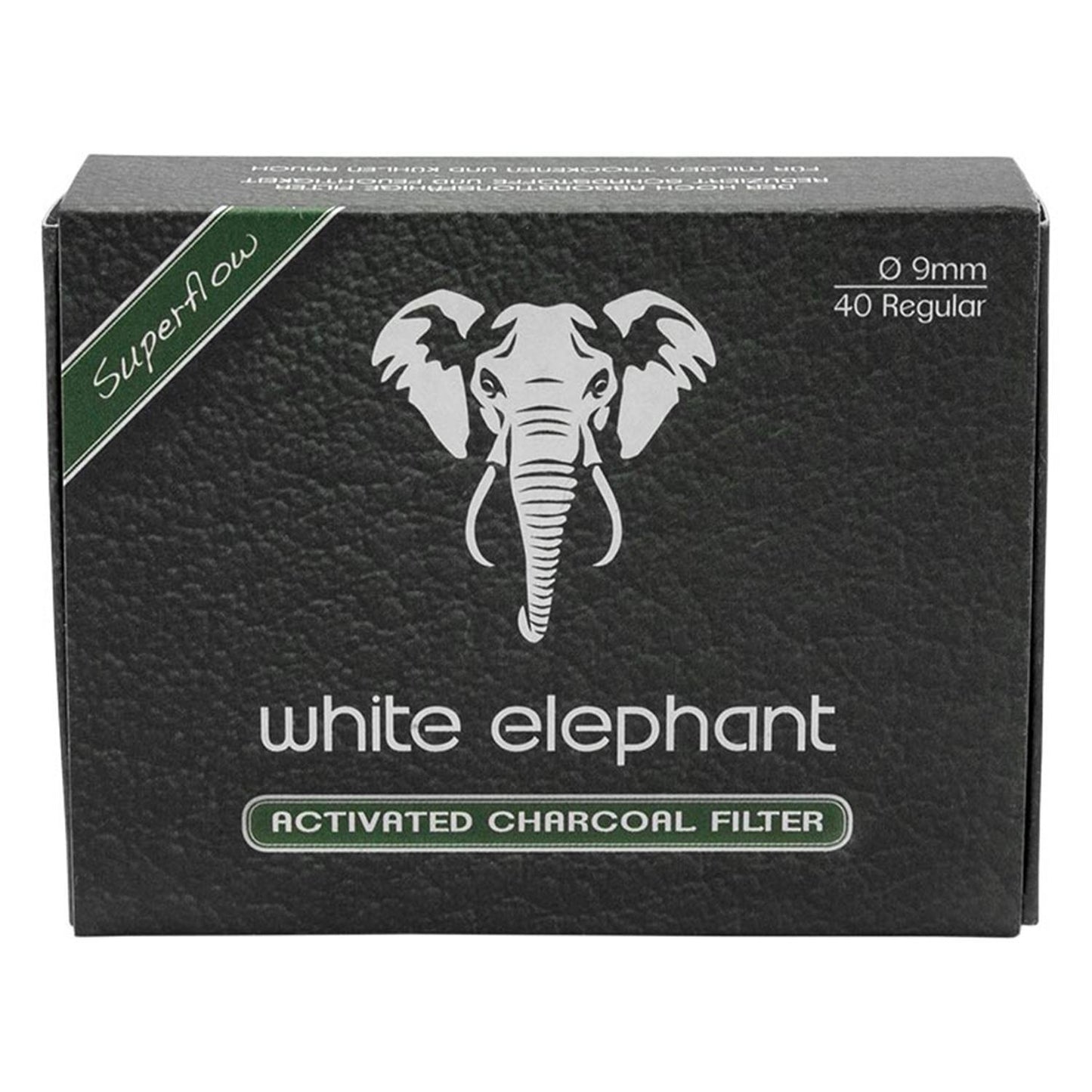 White Elephant Activated Charcoal Filter Superflow 40er Pack – schwarze Faltschachtel mit weißer Elefantenkopf-Illustration, grünem Superflow-Banner, Aufschrift "Activated Charcoal Filter", Ø 9mm, 40 Regular