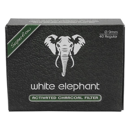 White Elephant Activated Charcoal Filter Superflow 40er Pack – schwarze Faltschachtel mit weißer Elefantenkopf-Illustration, grünem Superflow-Banner, Aufschrift "Activated Charcoal Filter", Ø 9mm, 40 Regular