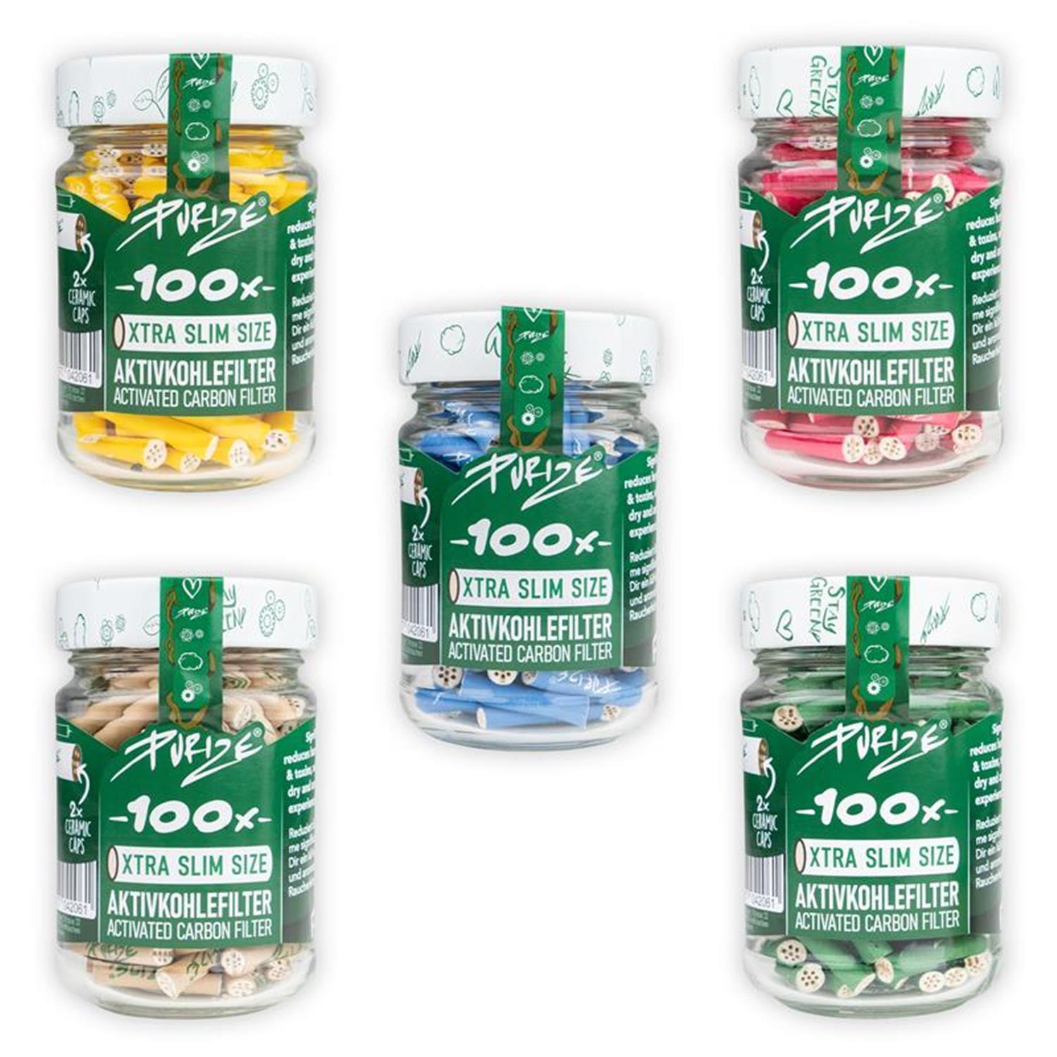 PURIZE Aktivkohlefilter XTRA Slim 6mm verschiedene Farben (100er Glas)