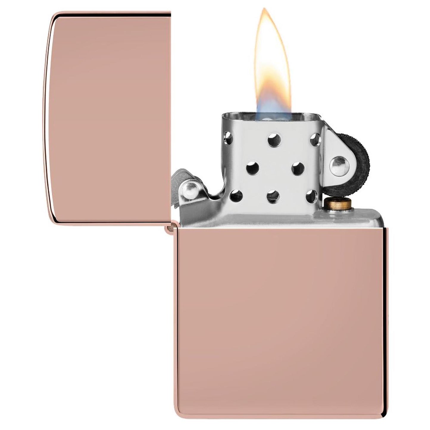 Zippo Sturmfeuerzeug Rose Gold poliert, geöffnet mit brennender Flamme, roségoldenes Hochglanz-Finish, silbernes Innenwerk mit Reibrad sichtbar, weißer Hintergrund