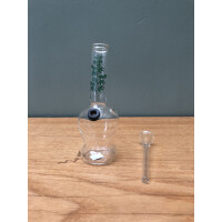 Mini-Glas-Bong mit Hanfblättern | H: 17cm, Ø: 22mm, Schl.: 12mm