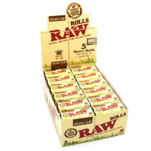 RAW Organic Hemp Rolls Slim Box mit 24 x 5m Rollen Paper