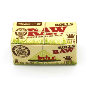 RAW Organic Hemp Rolls Slim Box mit 24 x 5m Rollen Paper
