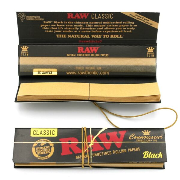 RAW Black Connoisseur Papers King Size Slim Box 24 Hefta á 32 Blatt + Tips